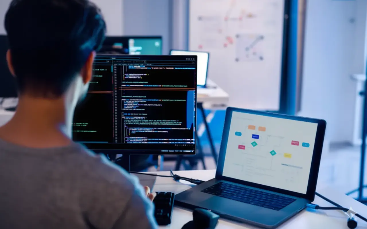 A person coding on a computer monitor with graphs and charts on a laptop screen, representing Computer Science.