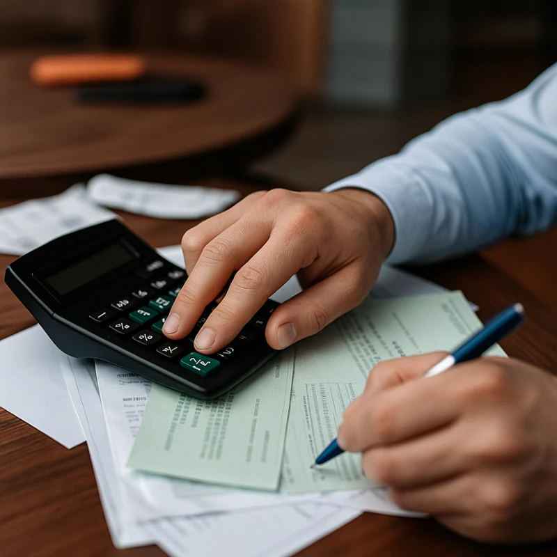 A person pressing buttons on a calculator with documents on a desk, representing Accounting.