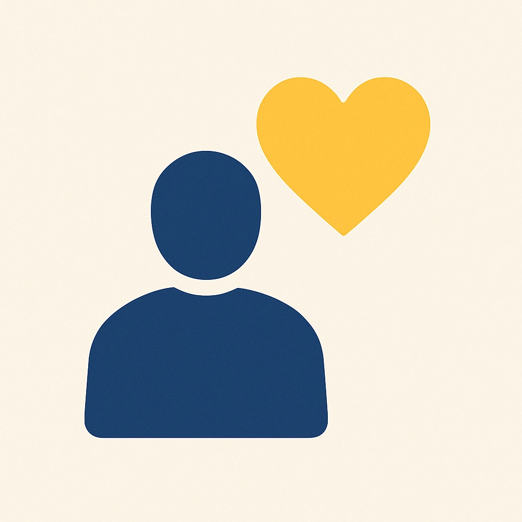 Minimalist icon of a person with a yellow heart symbol, representing empathy, care, and human connection.