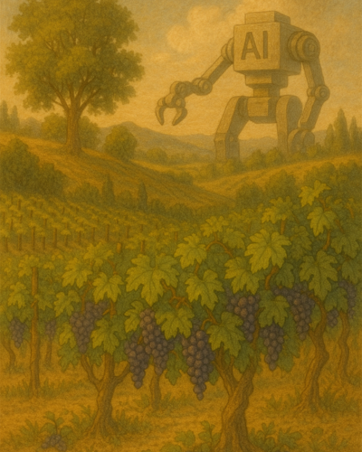 Artificial intelligence robot in a vineyard, illustrating smart farm technology and the future of agriculture.