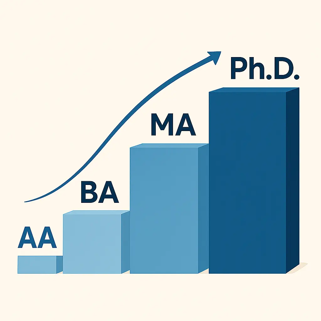 Education degree progression chart showing AA, BA, MA, and Ph.D. as steps toward higher academic achievement.