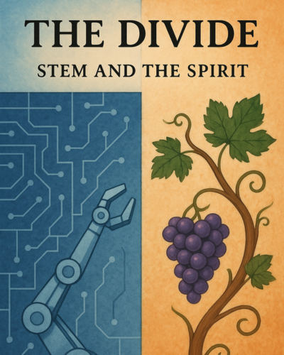 Book cover illustration titled ‘The Divide: STEM and the Spirit,’ showing a robotic arm on one side and a grapevine on the other, symbolizing the tension between technology and nature.