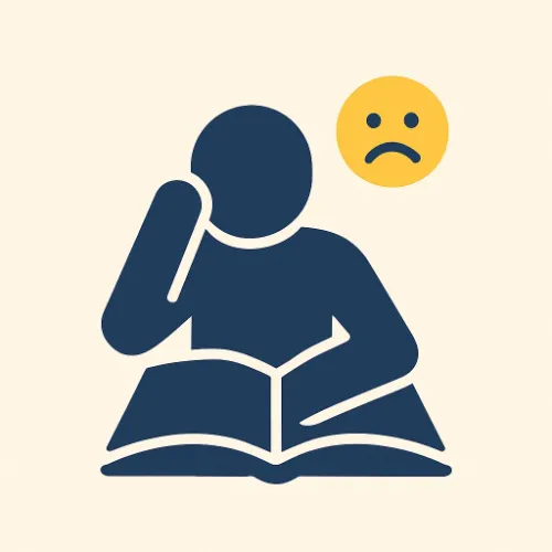 Icon of a student struggling with studying, sitting over an open book with a sad face emoji symbolizing stress and academic pressure.