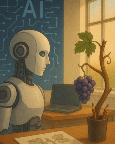 Robot sitting at a desk with a laptop, studying a grapevine plant in a pot, symbolizing the intersection of artificial intelligence, nature, and education.