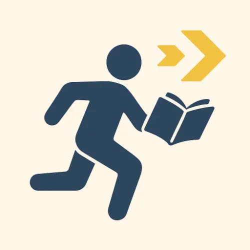 Icon of a person running with an open book and forward arrow, symbolizing learning agility, progress, and continuous education.