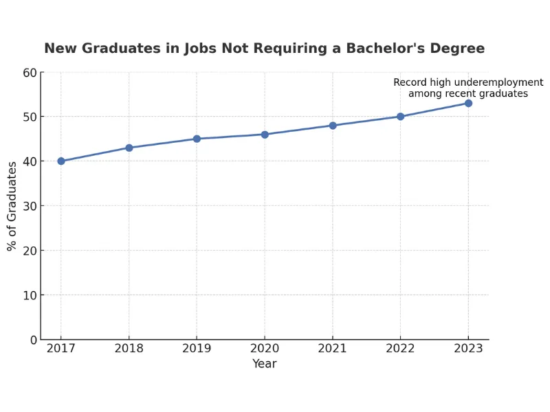 “Line graph showing rising underemployment of new graduates in jobs not requiring a bachelor’s degree, increasing from 40% in 2017 to over 50% in 2023.