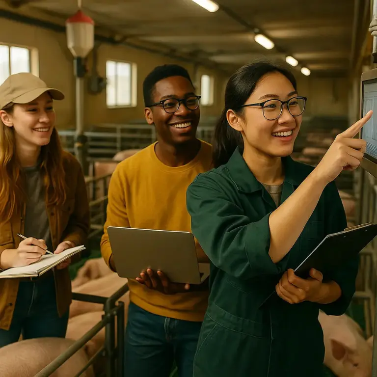 Students in a smart farm setting using digital tools and livestock data, learning modern agriculture and animal science.