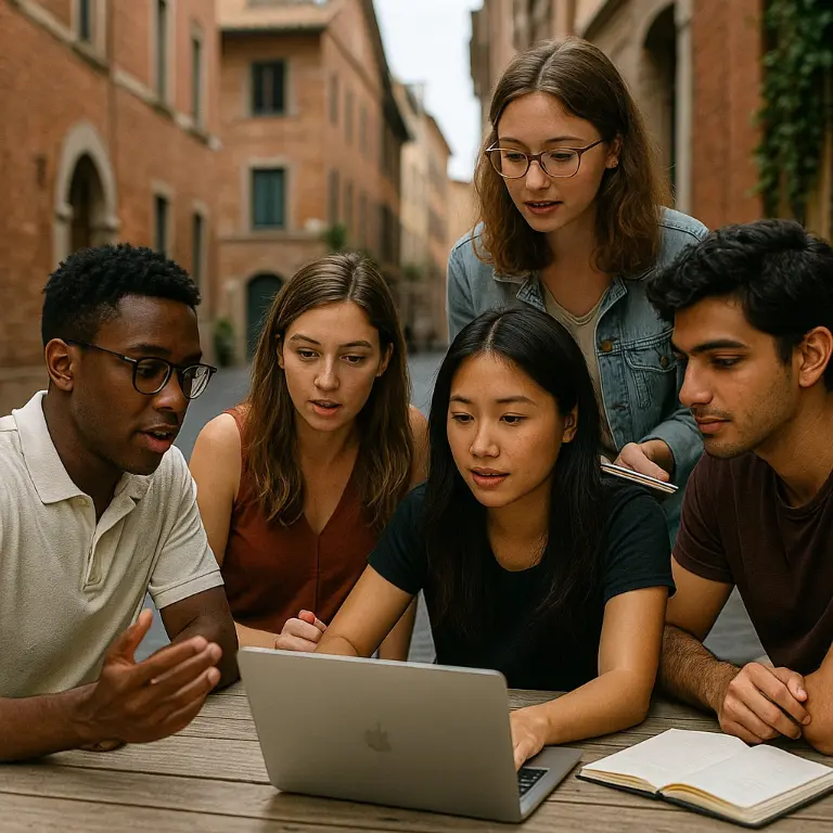 Diverse group of university students collaborating on a laptop outdoors in a historic European street.