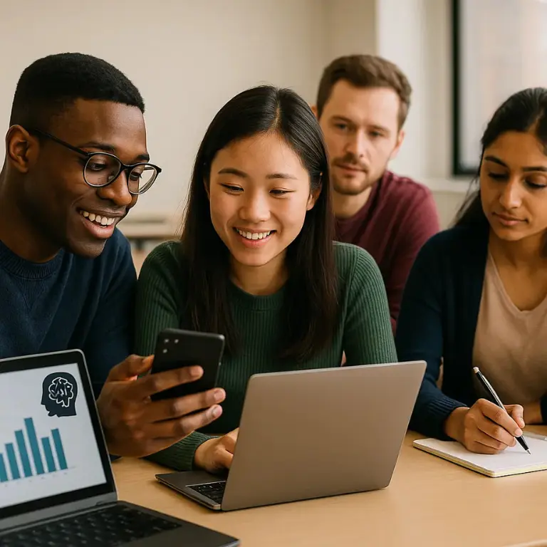 Diverse group of college students studying together with laptops and smartphones, collaborating on a project in the classroom.