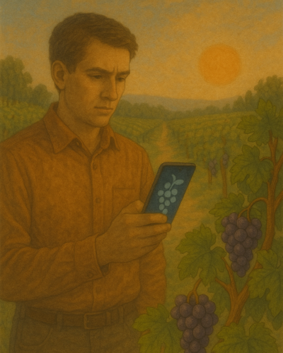 Farmer using a smartphone to monitor grapevines in a vineyard at sunset, symbolizing digital agriculture and smart farming technology.