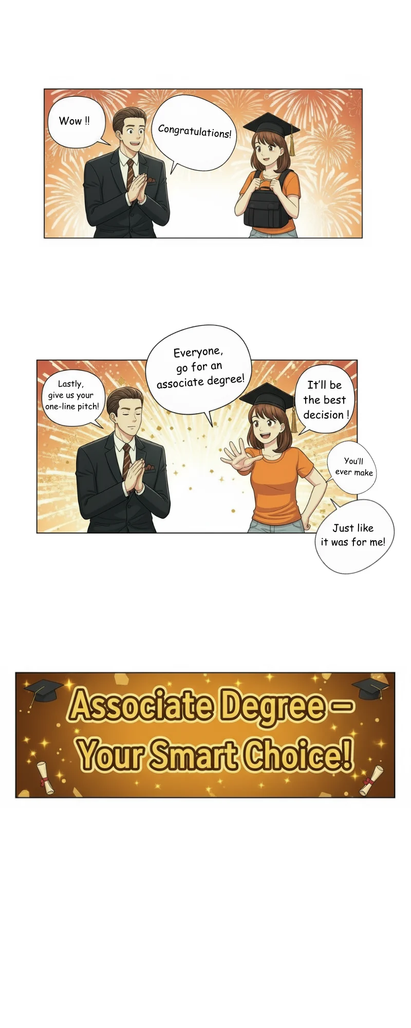 Two-panel comic strip of students talking about education, followed by a golden banner with inspirational text.