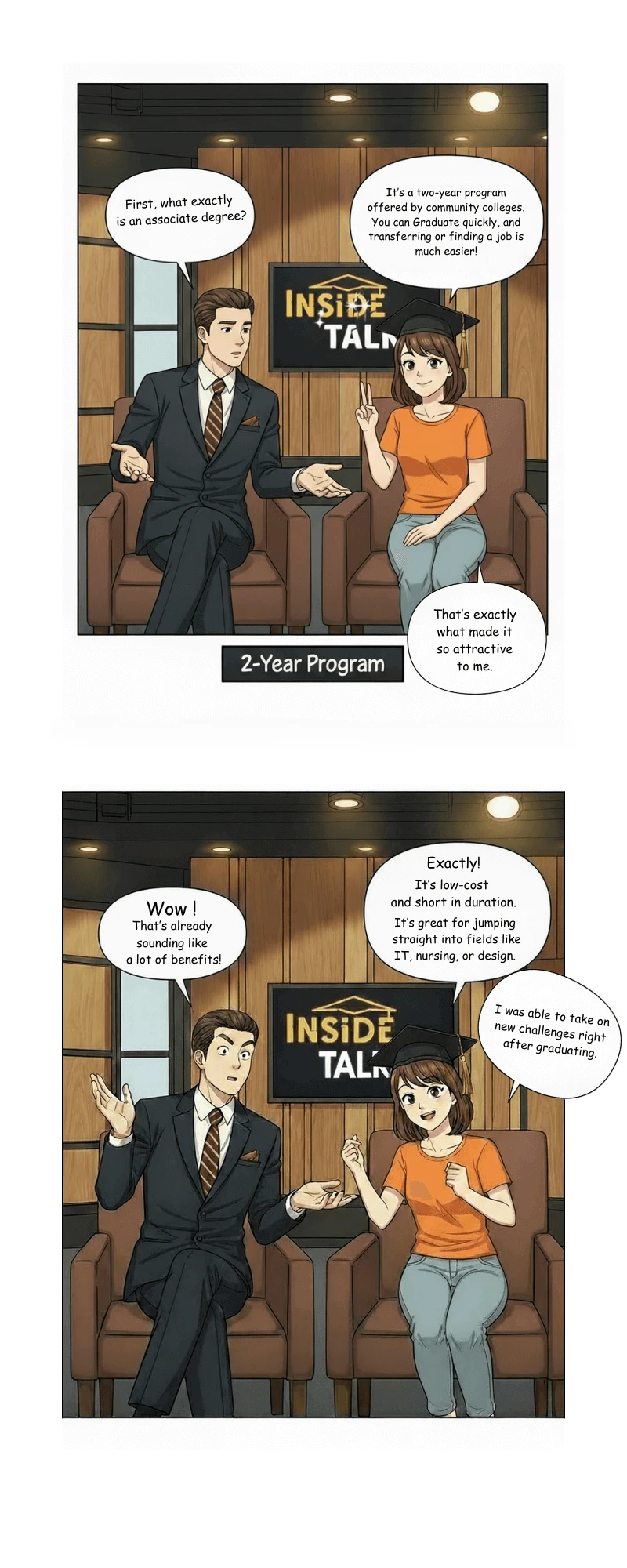 Two-panel comic strip of students talking in a classroom about education and career decisions.