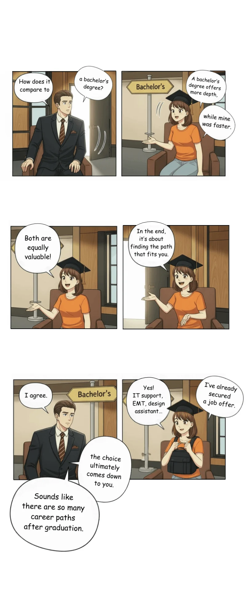 Four-panel comic strip of students in a classroom discussing studies, education challenges, and career choices.