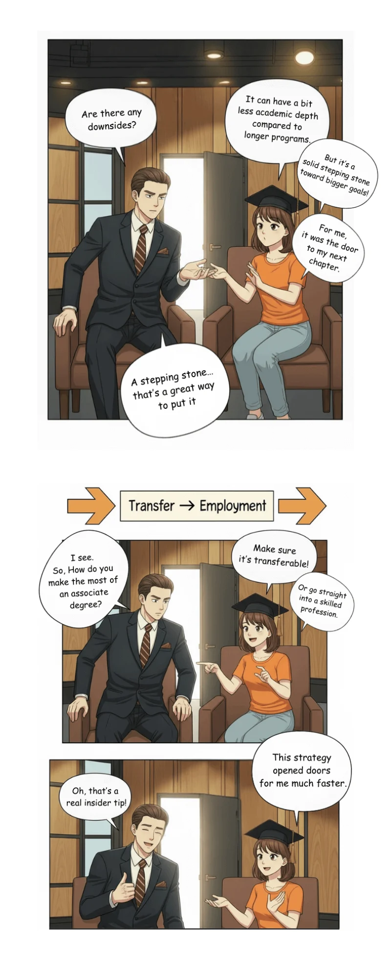 Comic strip with three panels showing students in conversation about school, learning, and future career paths.