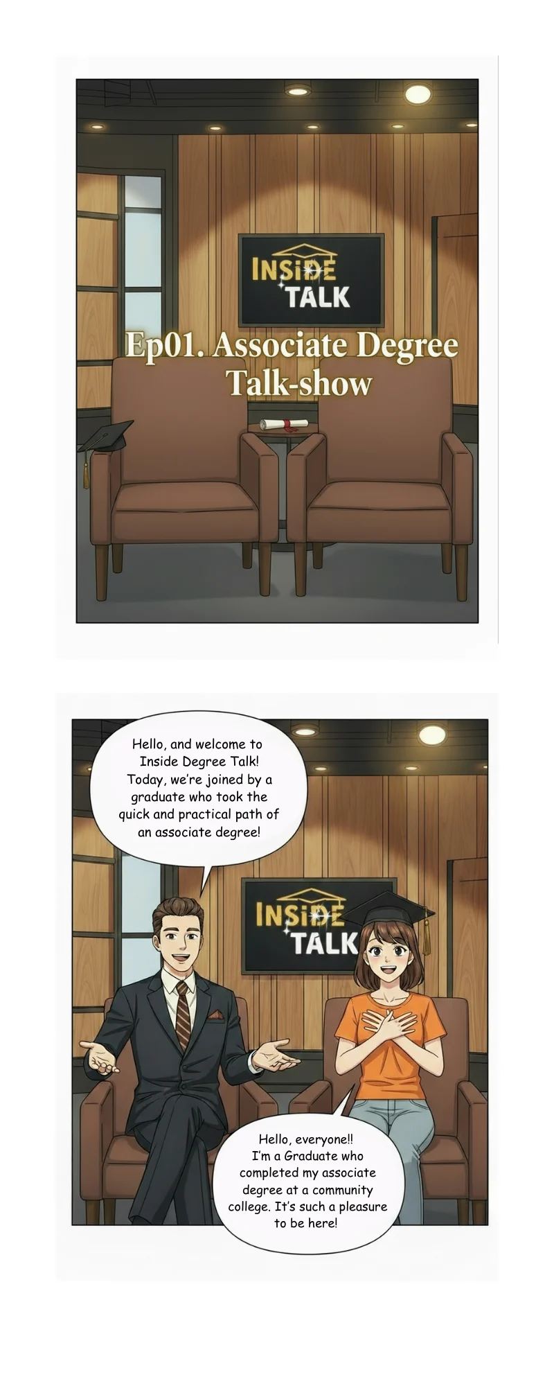 Two-panel comic strip showing students in a classroom discussing education and career choices.