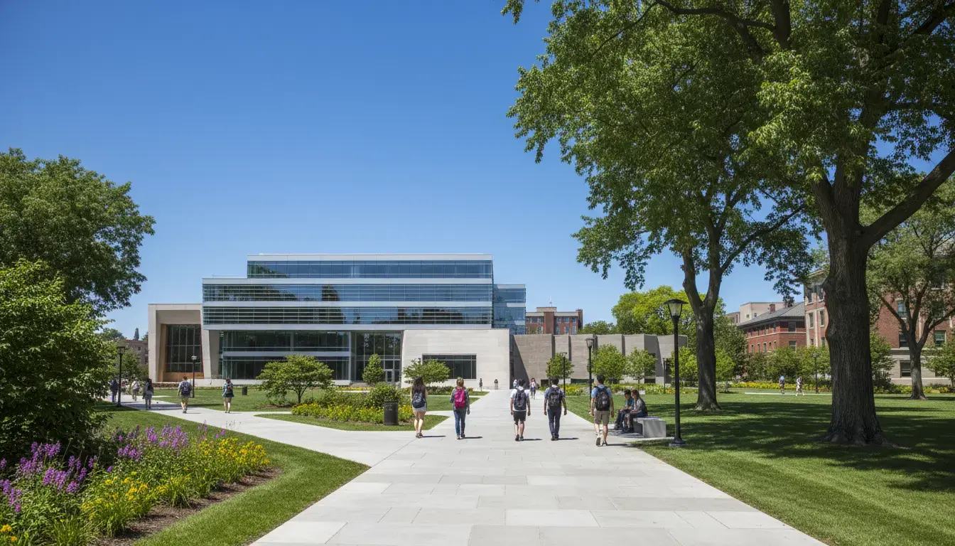 Northwestern University campus with modern glass building, green trees, and students walking on a sunny day