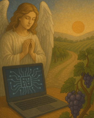 An angel with folded hands stands beside a laptop displaying a digital circuit pattern. In the foreground are grapevines with clusters of grapes, and in the background a rural landscape with hills, fields, and a setting sun. The scene blends technology, nature, and spirituality.
