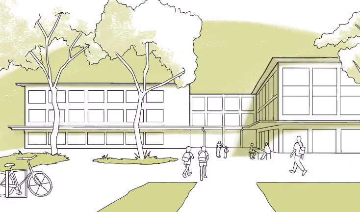 Croquis d'un projet d'aménagement : bâtiment public, arbres et espaces verts