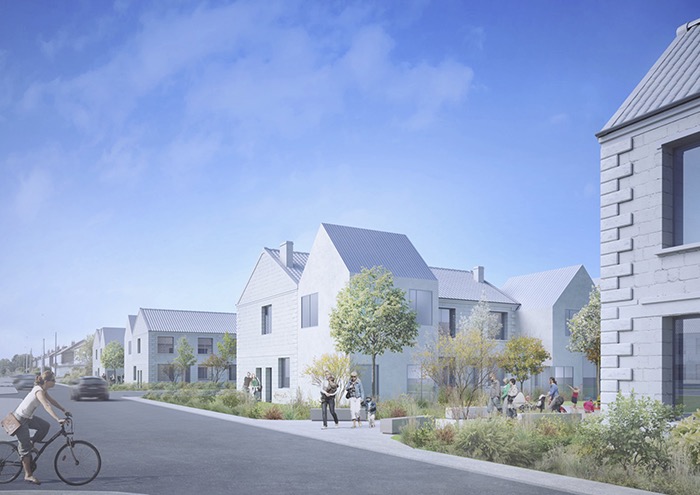 Perspective d'un lotissement de maisons individuelles le long d'une rue plantée