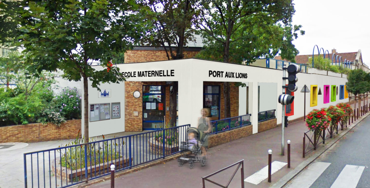 Façade de l'école maternelle Port aux Lions, bordée d'arbres et d'une rue