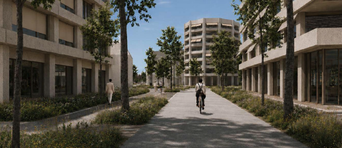 Perspective d'une allée piétonne plantée d'arbres entre des immeubles de logements
