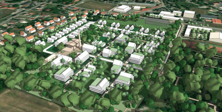 Maquette 3D d'un projet d'aménagement urbain insérée dans un quartier boisé