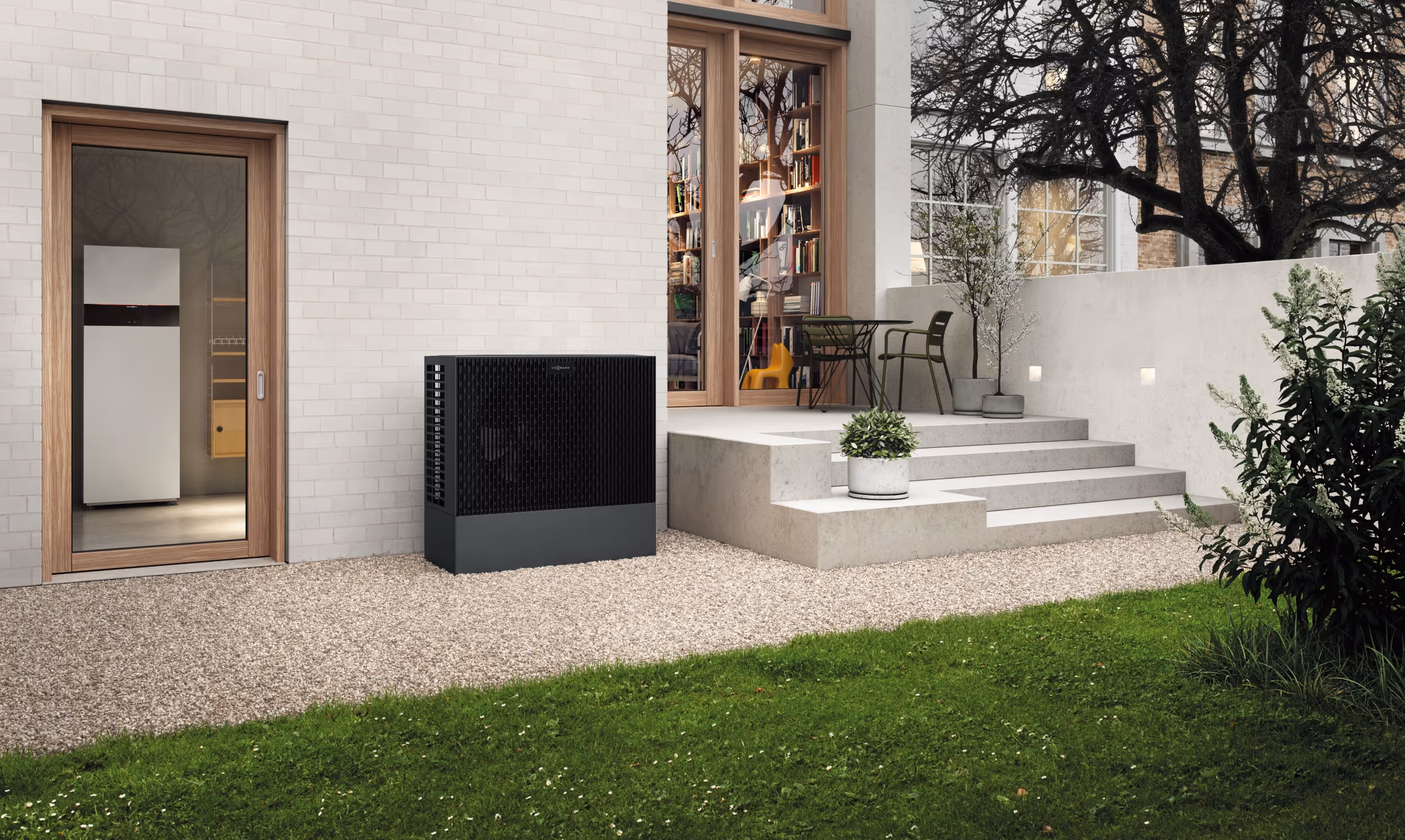 Viessmann Vitocal Wärmepumpe draußen auf Kiesbett