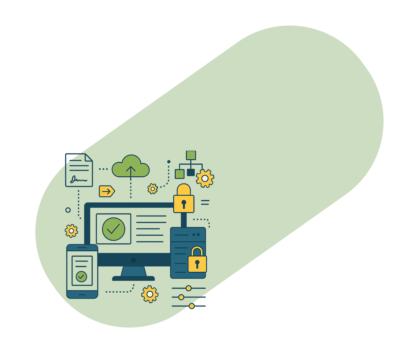 Illustration of secure digital procurement process with computer, cloud, and locked systems