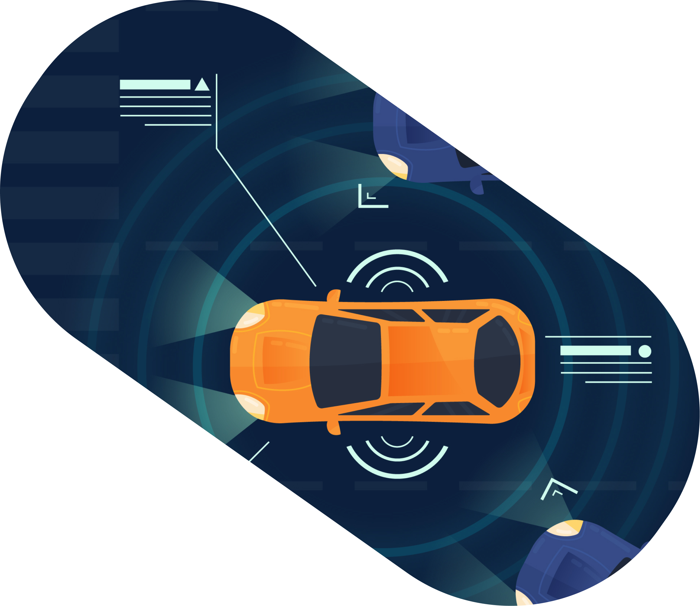 Illustration of an orange autonomous car with radar signals around it