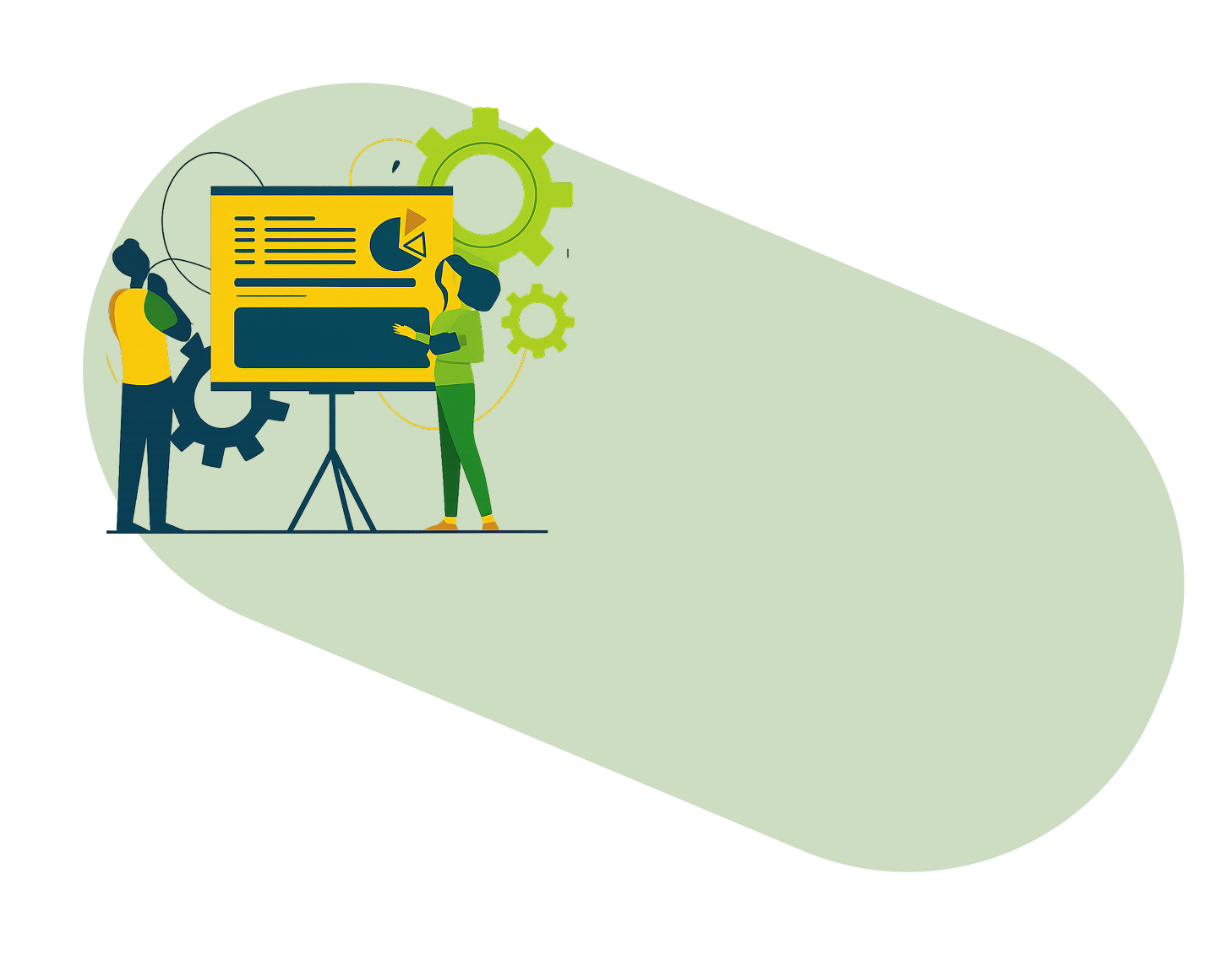 Illustration of two people reviewing project data with charts and gears