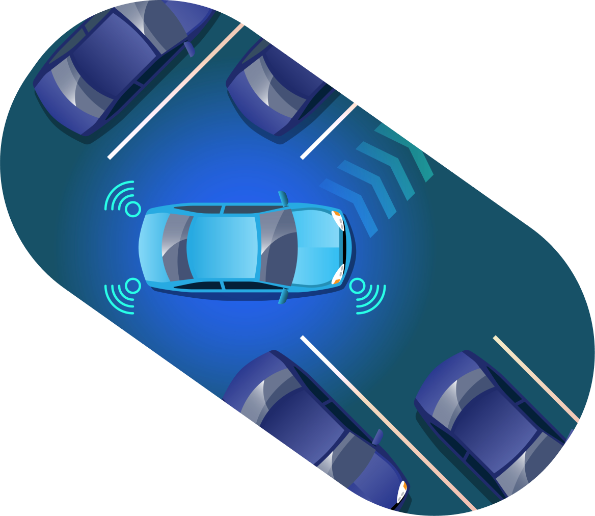 Illustration of an orange autonomous car with radar signals around it