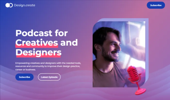Screenshot of the hero section of a design podcast landing page template
