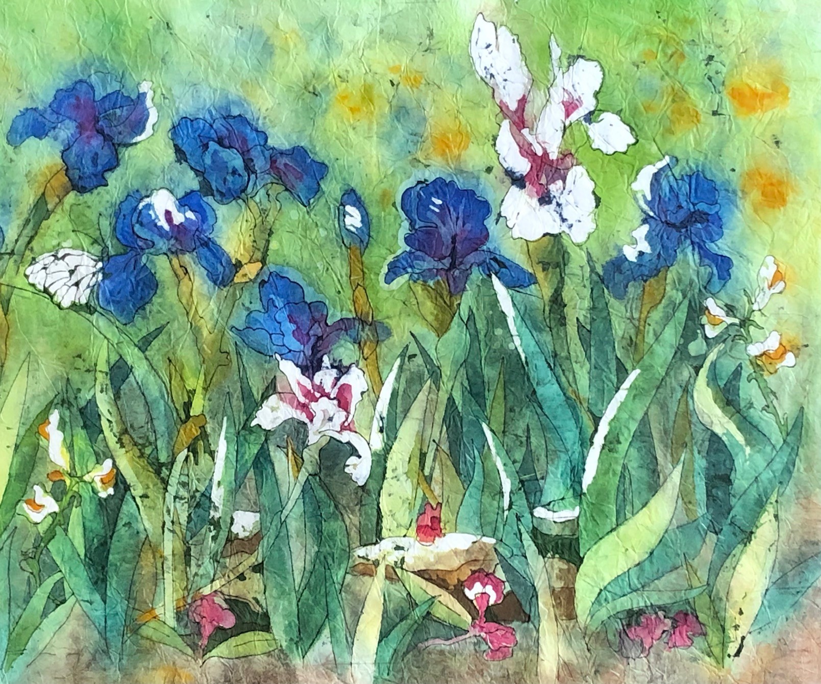 Irises and White Butterfly