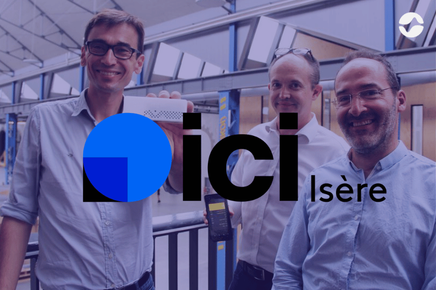 trois dirigeants en fond avec le logo de ici isère en premier plan