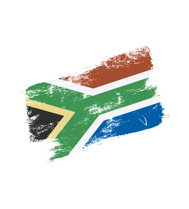 Brushstroke style South African flag with red, green, blue, black, yellow, and white colors.