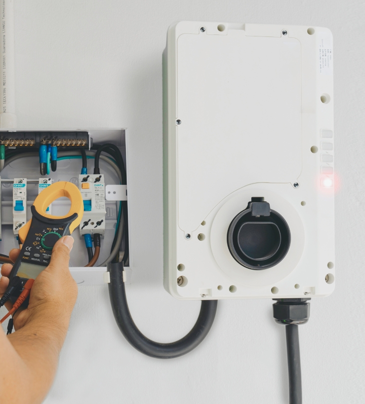 A man holding a prepaid electricity monitor next to a DB board.
