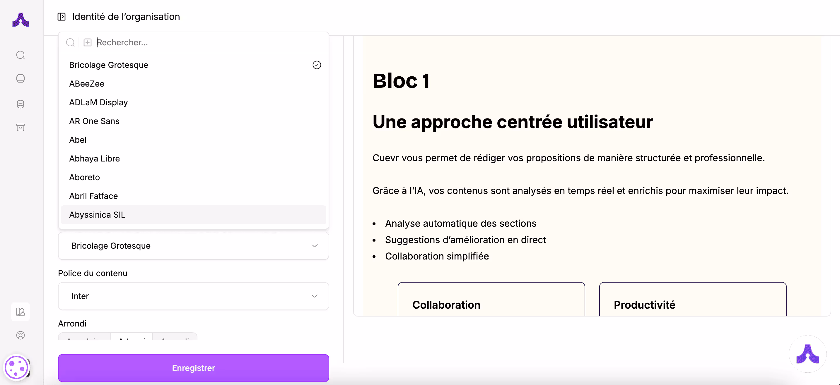 Polices selctionnées dans le menu 