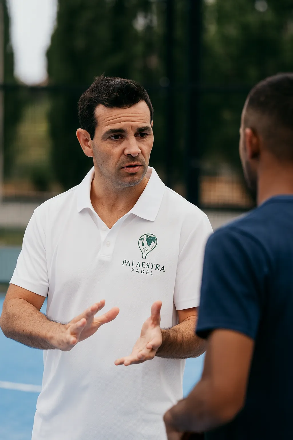 Padel coach in white Palaestra shirt teaching player on court in Koh Samui, Thailand
