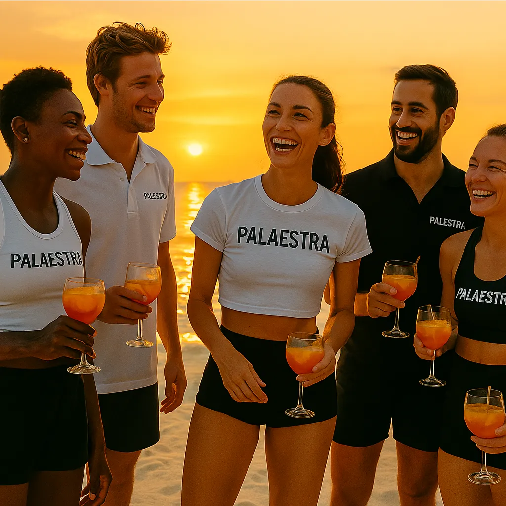 Palaestra players enjoying cocktails at sunset on the beach – Koh Samui padel camp