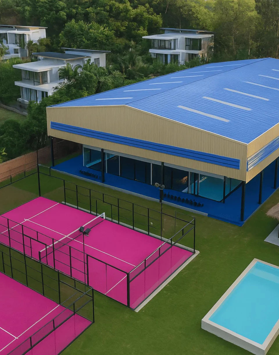 Padel camp Thailand facilities with blue and pink courts, main building and Palaestra sauna in Koh Samui