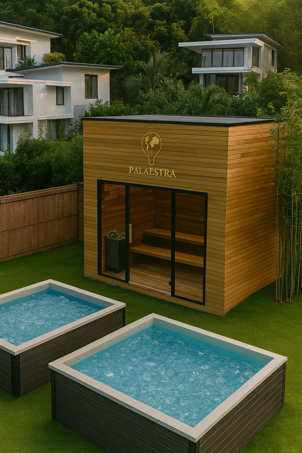 Padel camp Thailand facilities with blue and pink courts, main building and Palaestra sauna in Koh Samui