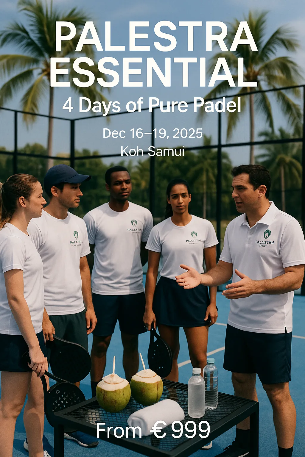 Padel coach in white Palaestra shirt teaching player on court in Koh Samui, Thailand