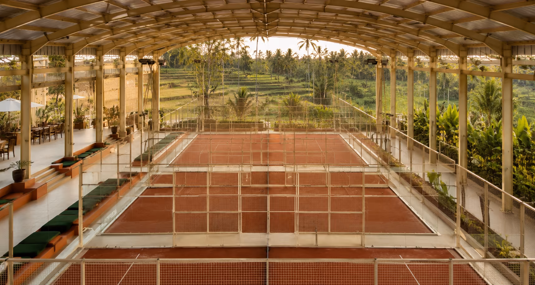 Palaestra open-air padel arena overlooking Bali rice terraces