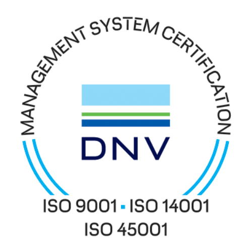 DNV certification logo showing ISO 45001, ISO 9001, and ISO 14001 compliance