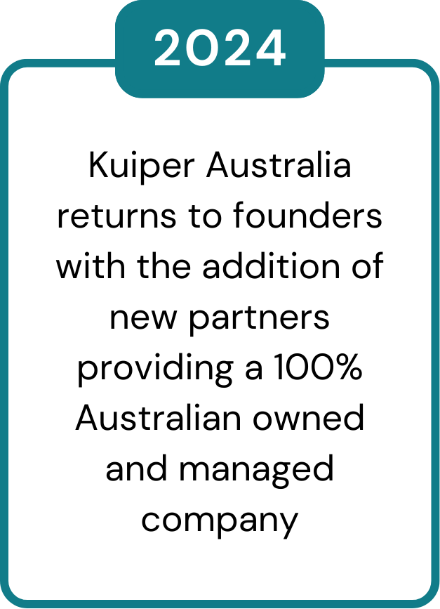 2024 – Kuiper Australia returns to founders with new partners, becoming 100% Australian owned and managed.