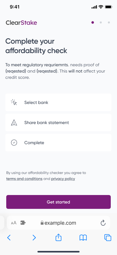 ClearStake mobile screen showing start of user journey