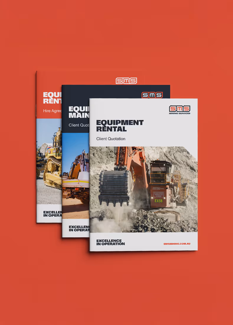 Three SMS Mining Services brochures for equipment rental and maintenance, displayed on a red background.