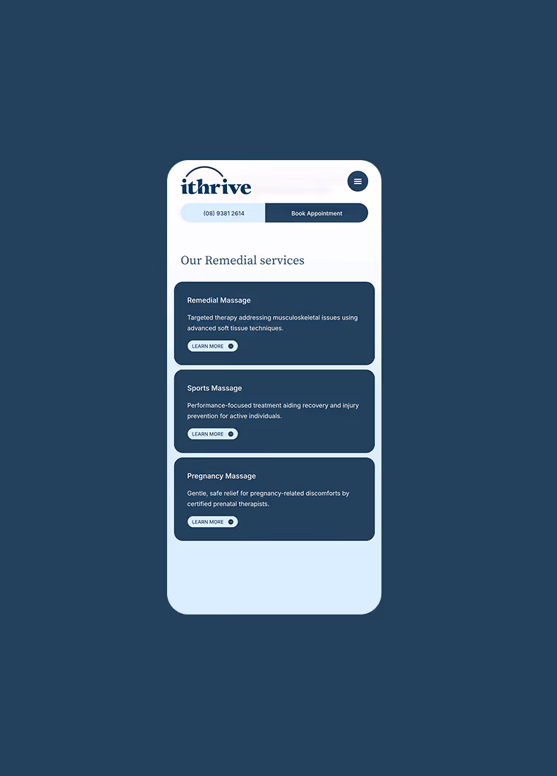 Mobile view of iThrive Health remedial services list.