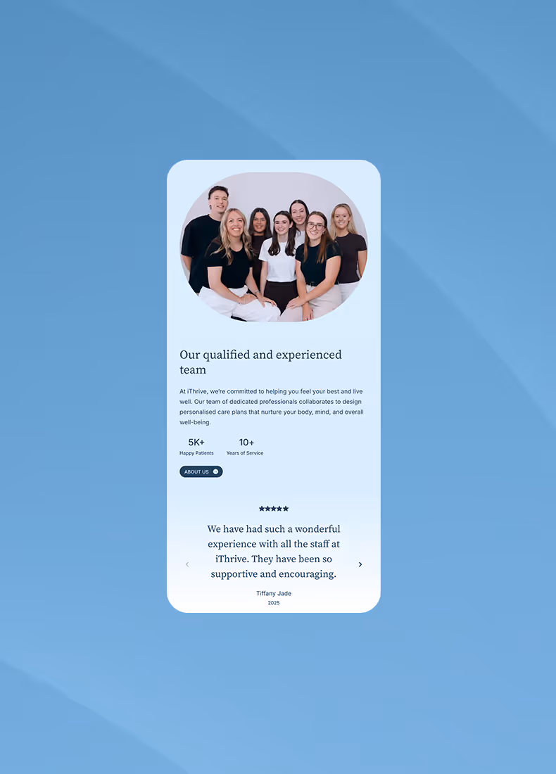 Mobile view of iThrive Health team section with group staff photo.