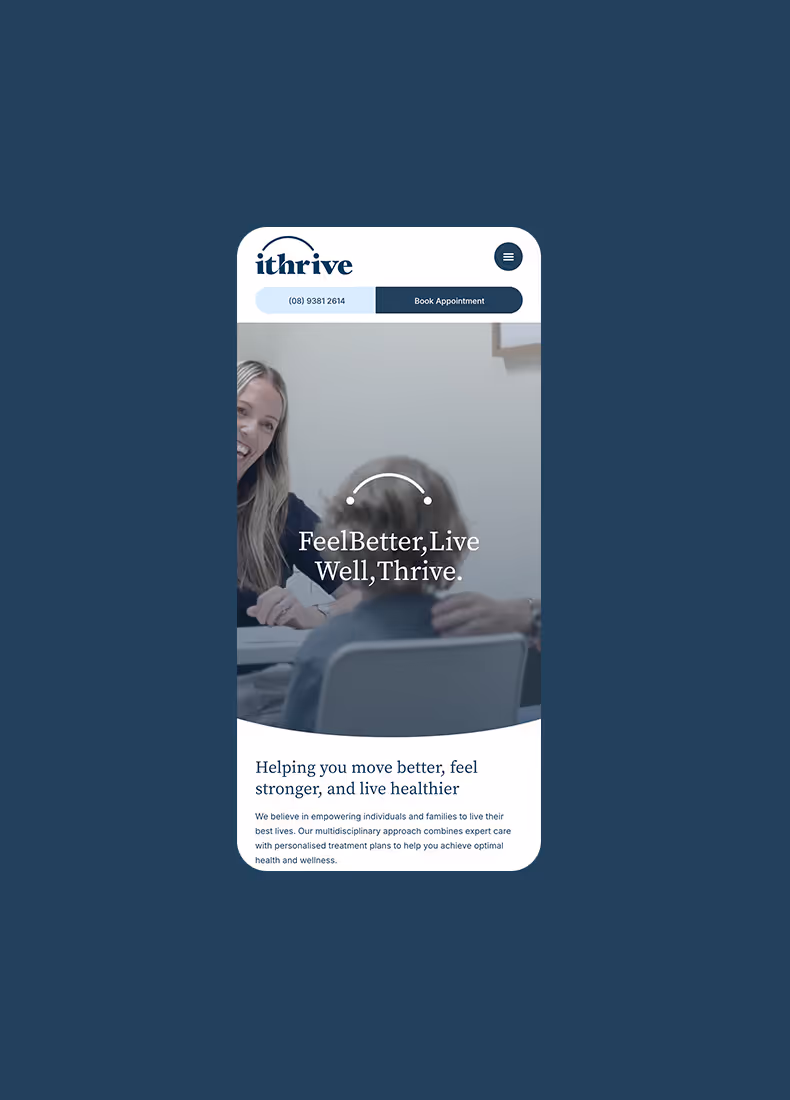 Mobile view of iThrive Health homepage with therapist and child.